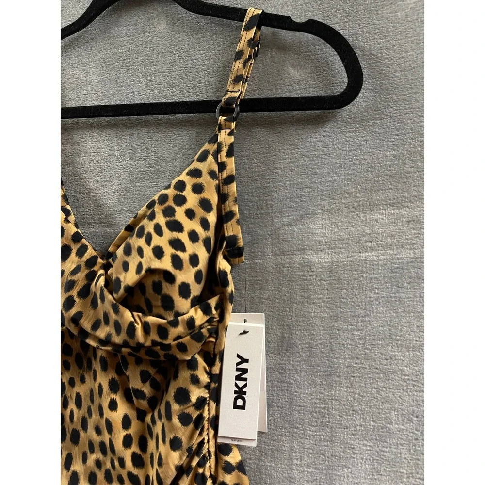 DKNY Womens Leopard Print Tankini Top‎ Brown Black Ruched Swimwear Sz S $60